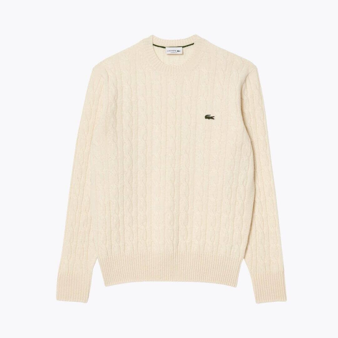 Lacoste Cable Knit Carded Wool Crew Neck Sweater LS White S
