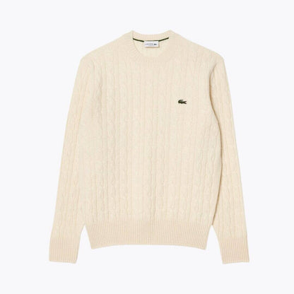 Lacoste Cable Knit Carded Wool Crew Neck Sweater LS White S