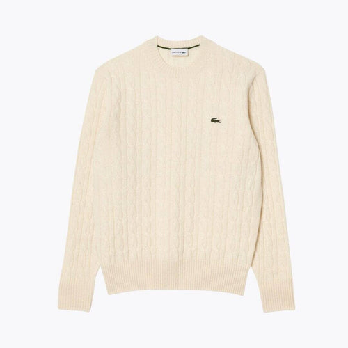 Lacoste Cable Knit Carded Wool Crew Neck Sweater LS White S