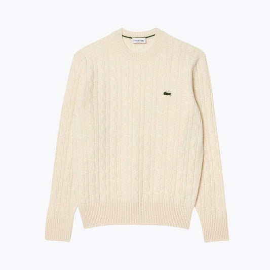 Lacoste Cable Knit Carded Wool Crew Neck Sweater LS White S