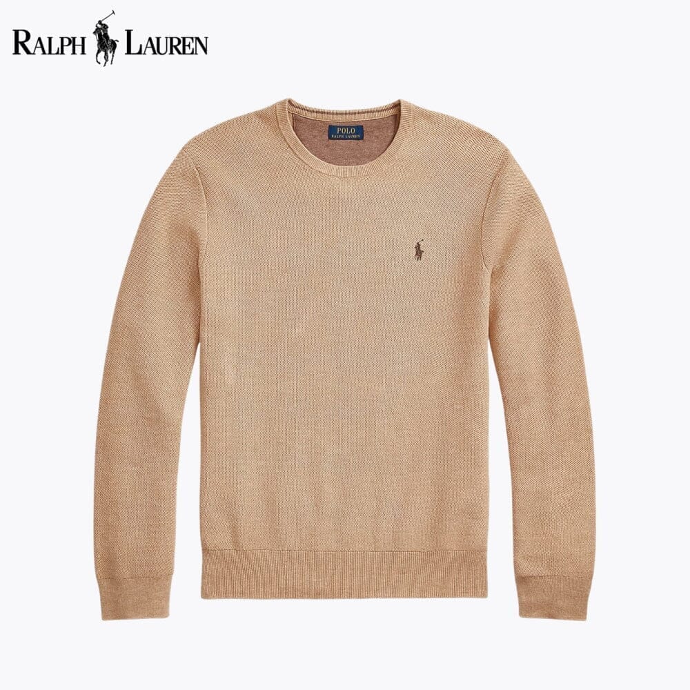 Ralph Lauren Mesh-Knit Cotton Crewneck Sweater LS Camel S