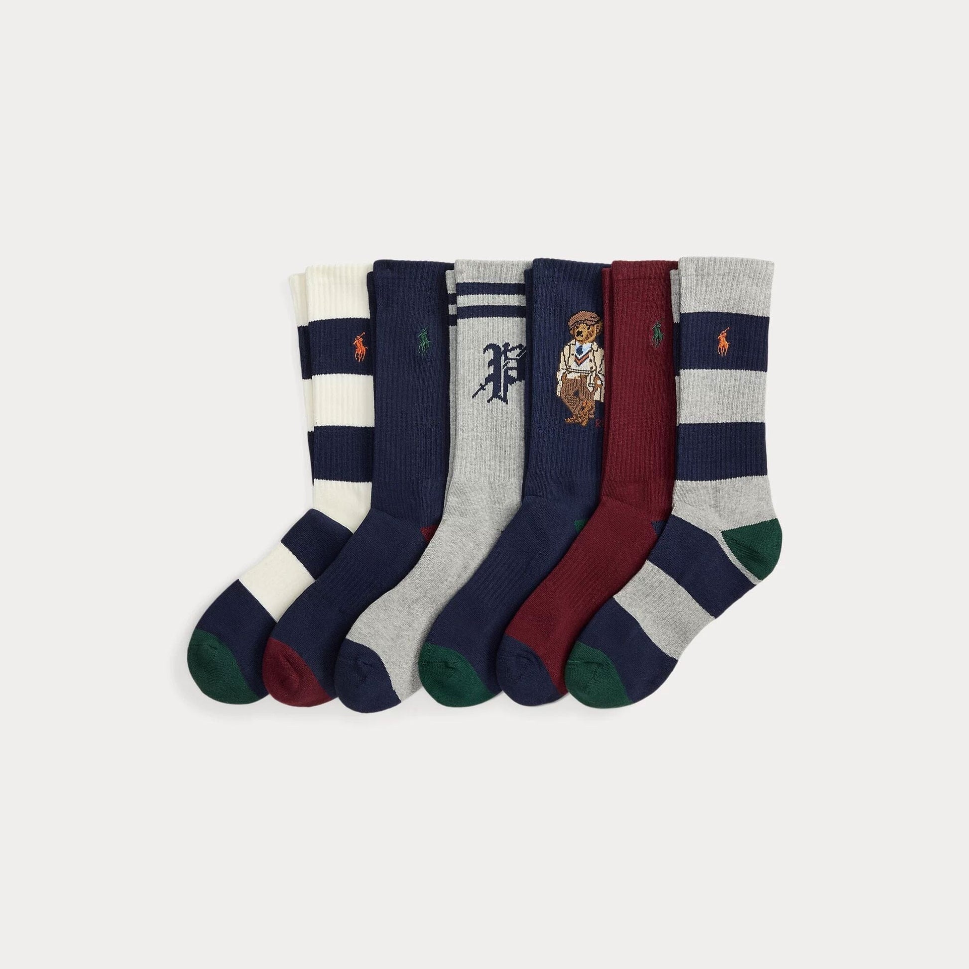 Ralph Lauren Polo Bear Cotton-Blend Crew Sock 6-Pack LS Orange/Black/Cream/Navy