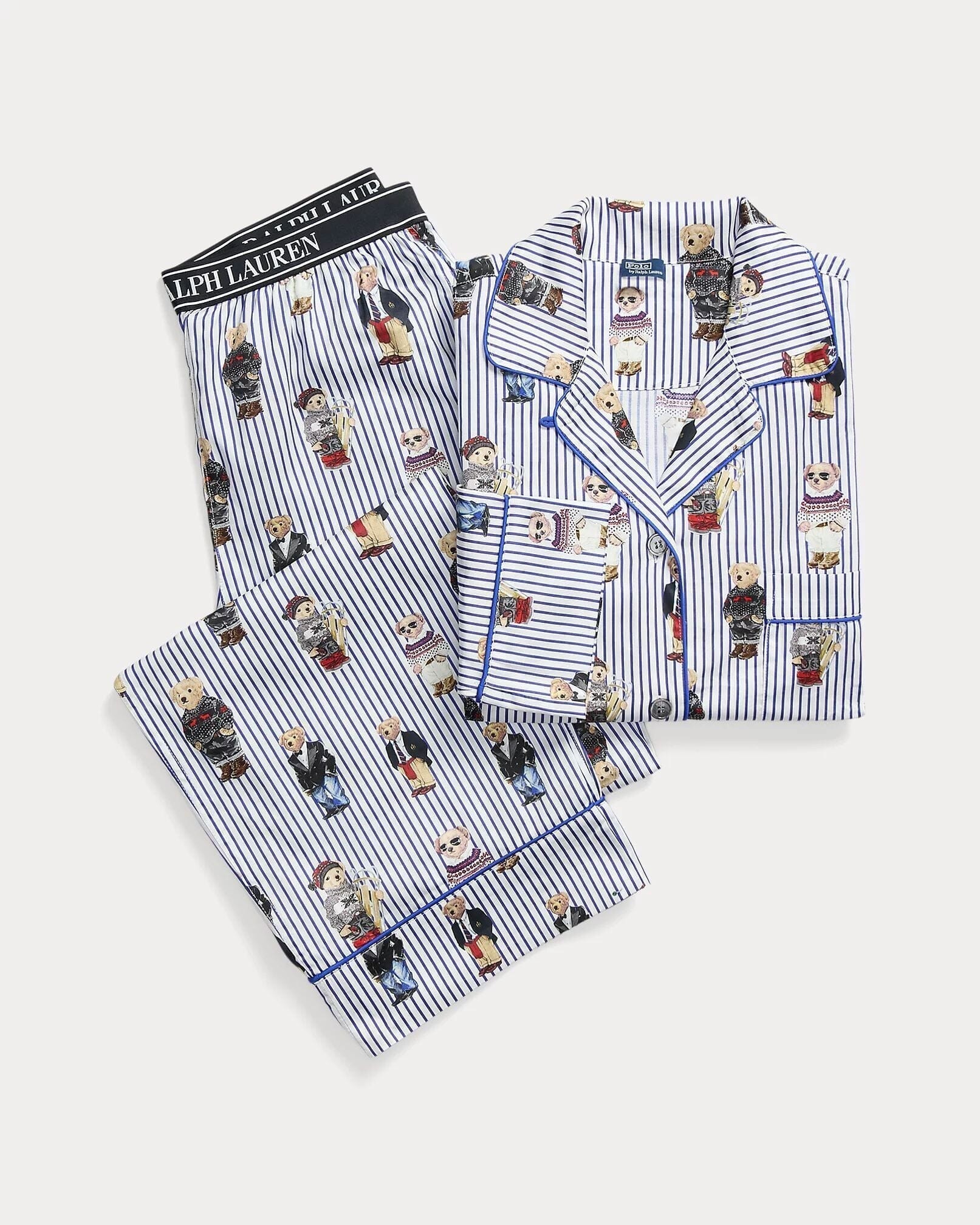 Ralph Lauren Polo Bear Cotton Sateen Pajama Set LS Snowfall Blue S