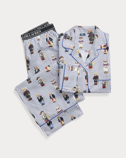 Ralph Lauren Polo Bear Cotton Sateen Pajama Set LS Snowfall Blue S