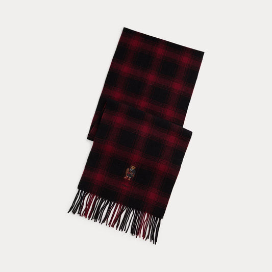 Ralph Lauren Polo Bear Plaid Wool Scarf LS Black/ Red Plaid