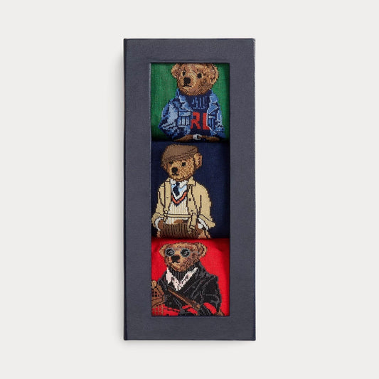 Ralph Lauren Polo Bear Trousers 3 Socks Gift Set LS Green/Navy Blue/Red